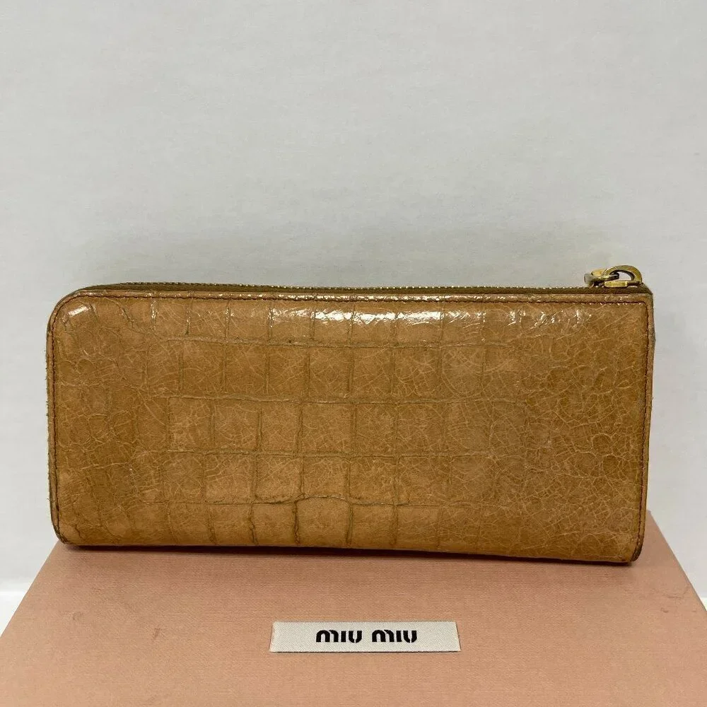Miu Miu Crocodile-Embossed Leather Zip-Around Wallet, Cammello - Preowned